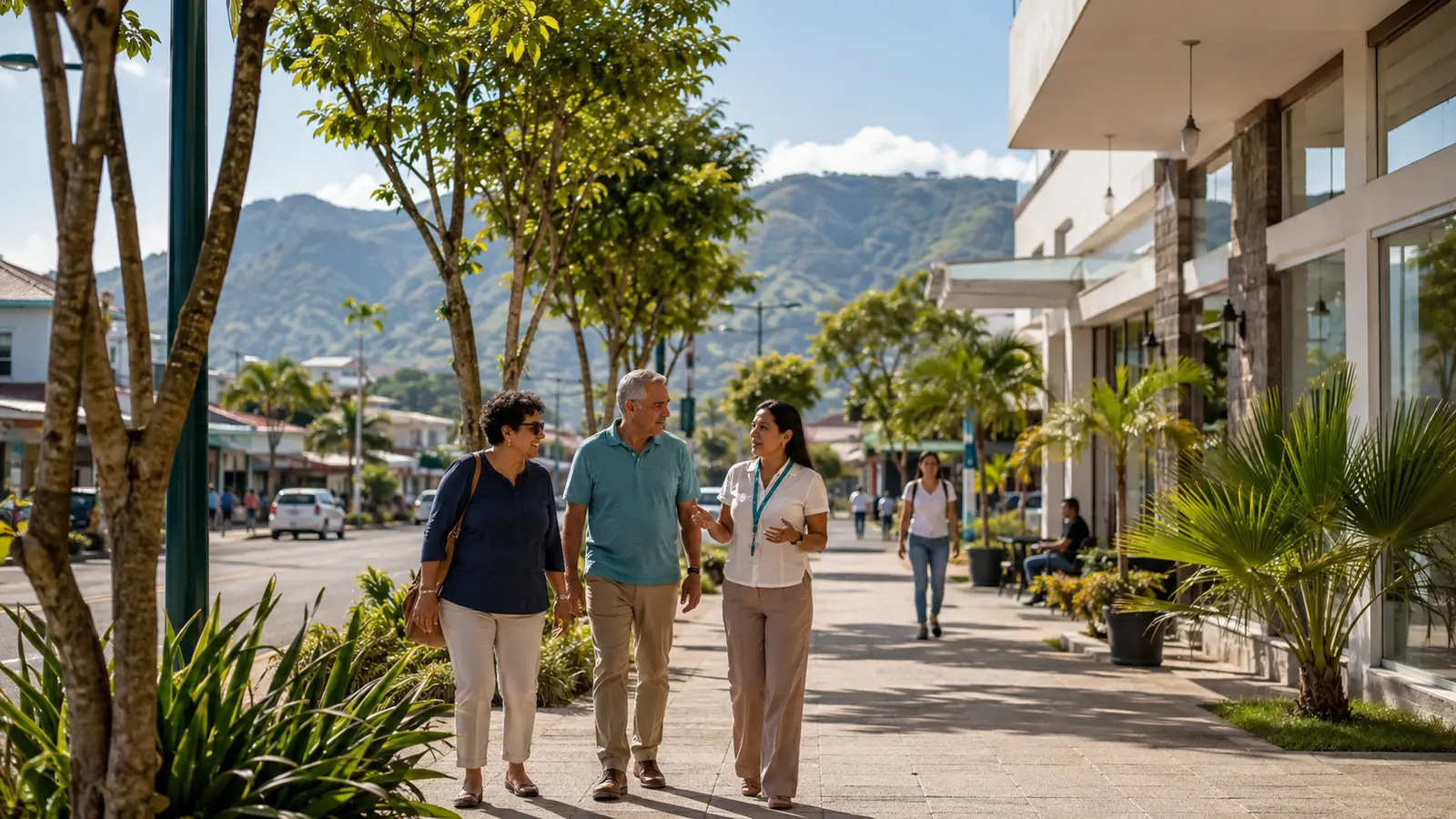 Mature couple exploring practical daily services in David with a local guide